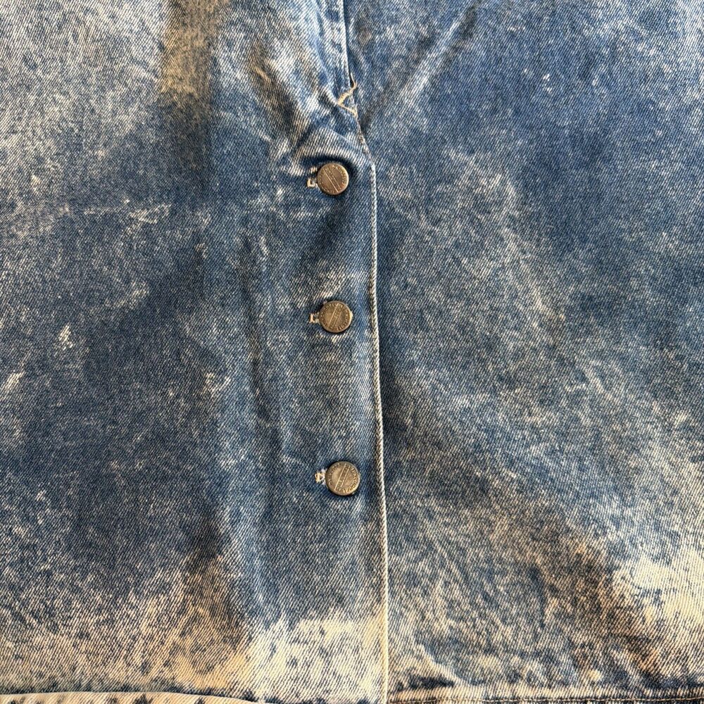 Vintage 80s Palmettos Acid Wash Denim Midi Skirt Pleated Button Back Slit L 16 - Picture 5 of 16
